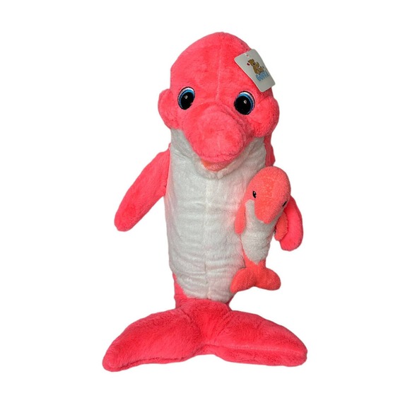 NEW Goffa Large 23" Pink Stuffed Plush Dolphin Toy with Baby Animal - Picture 1 of 10